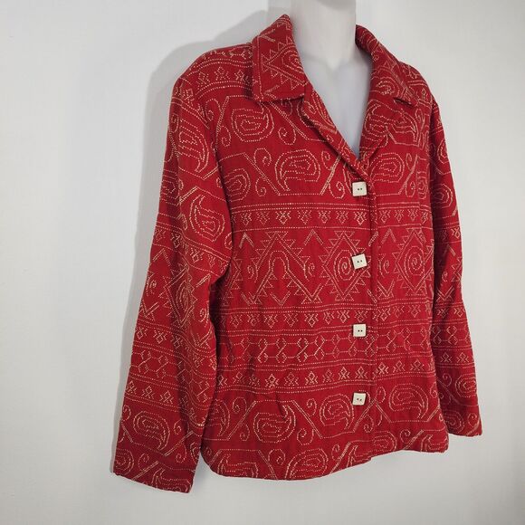 Coldwater Creek Womens Jacket Small Red Cream Embroidered Aztec Southwestern - Picture 4 of 9